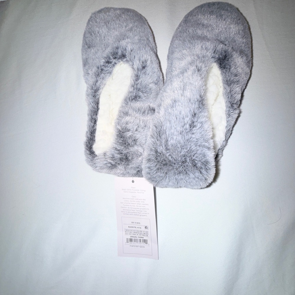 Auden Faux-Fur Slipper Socks‎ Women M/L 8-10 Grey NEW Gripper Bottoms Fuzzy